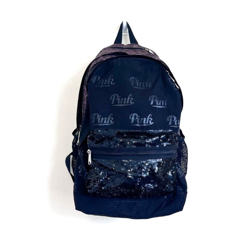 Victorias Secret PINK Backpack Black Sequin Bling‎ Graphic Campus Laptop Bag